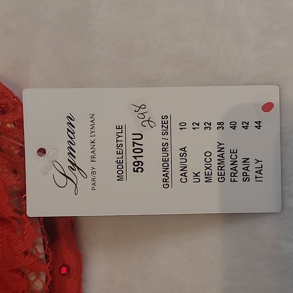 Frank Lyman, red dress, plunging neckline, fully lined, lace, red rhinestones - Picture 7 of 10